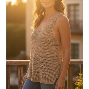 VTG Vivienne Tam Crochet Mesh Khaki Knit Hand Beaded Quiet Luxury Bohemian Top S